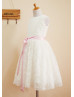 Ivory Satin Rosette Pink Sash Knee Length Flower Girl Dress